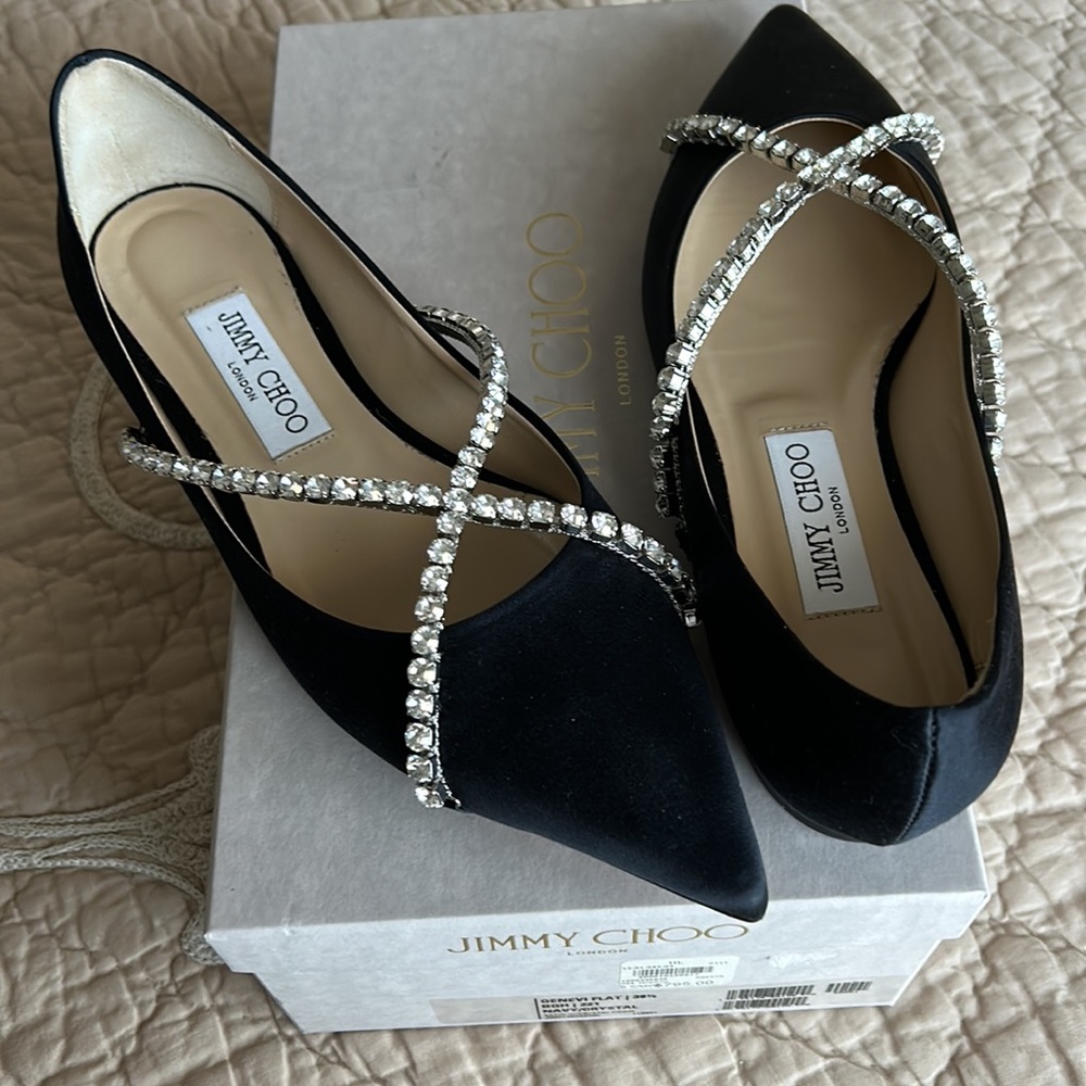 Jimmy Choo Black Satin Pointed Flats with Crystal Cross-Strap Detail - Picture 7 of 8